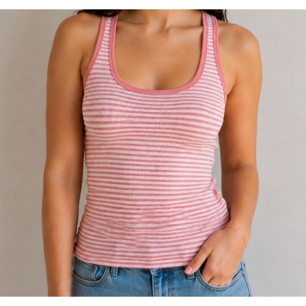 Vintage Y2K J Crew Pink White Ribbed Striped Womens Tank Top Sz S Coastal Summer